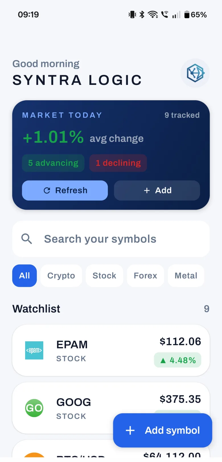 Watchlist screen: a market summary card, asset-class filters, and rows for EPAM, GOOG and BTC/USD with live prices and percentage change